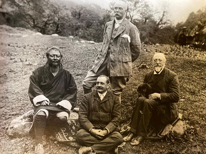 J.C White (Standing), Gongsar Ugyen Wangchuck, Major F.W Rennick and A.W Paul. (Photo: J.C White’s private collection)