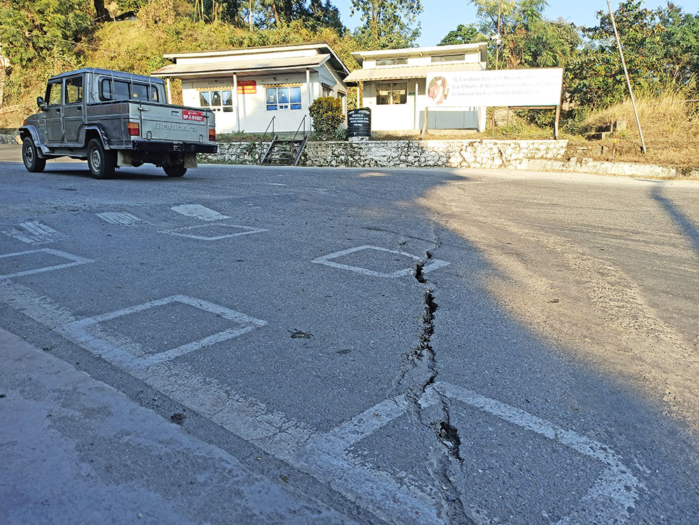   Monsoon has left the road of the current Rinchending checkpost with minor cracks 
