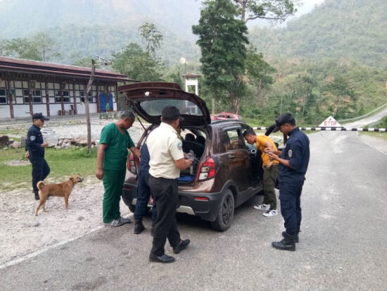 Officials inspect vehicles for imported meat items after second ASF outbreak was reported in Lhamoidzingkha Drungkhag, Dagana (Photo: Lhamoidzingkha gewog FB page)